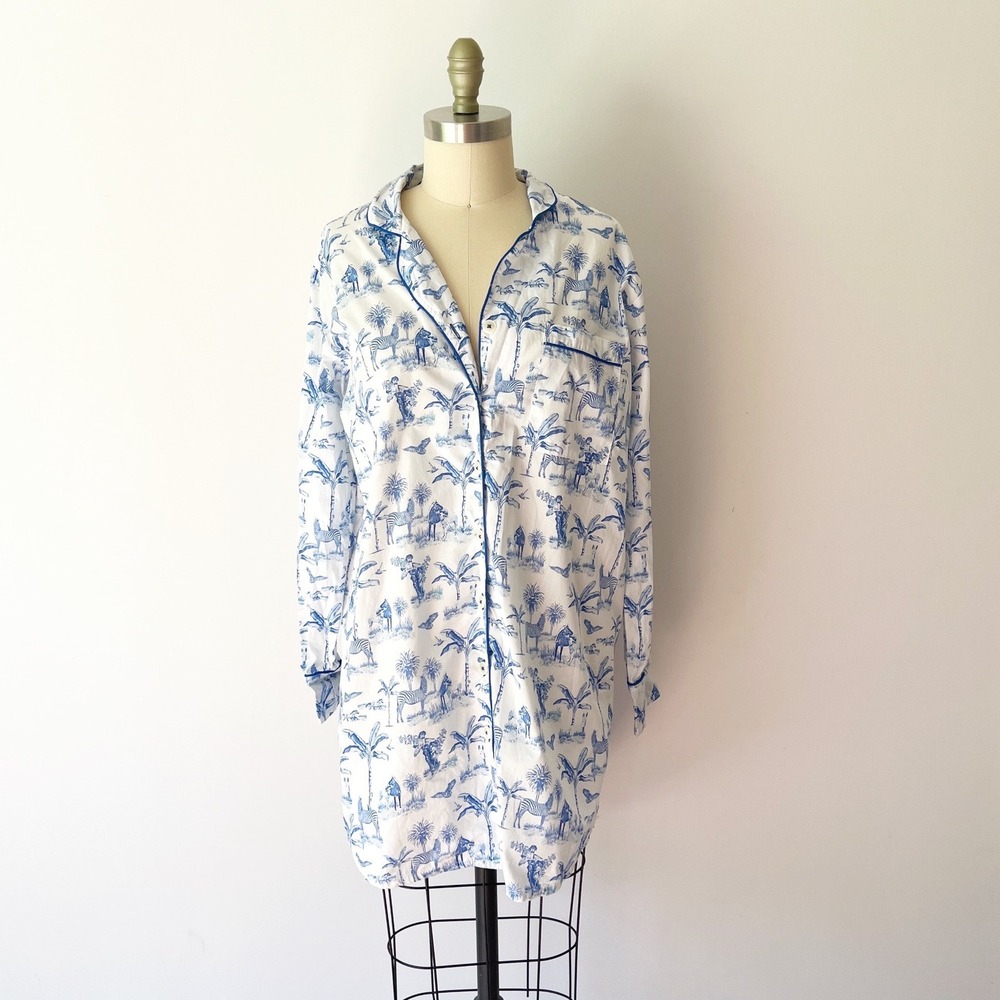 Sant and Abel Nightshirt Blue White‎ Zebra Toile Organic Cotton Sleepwear M